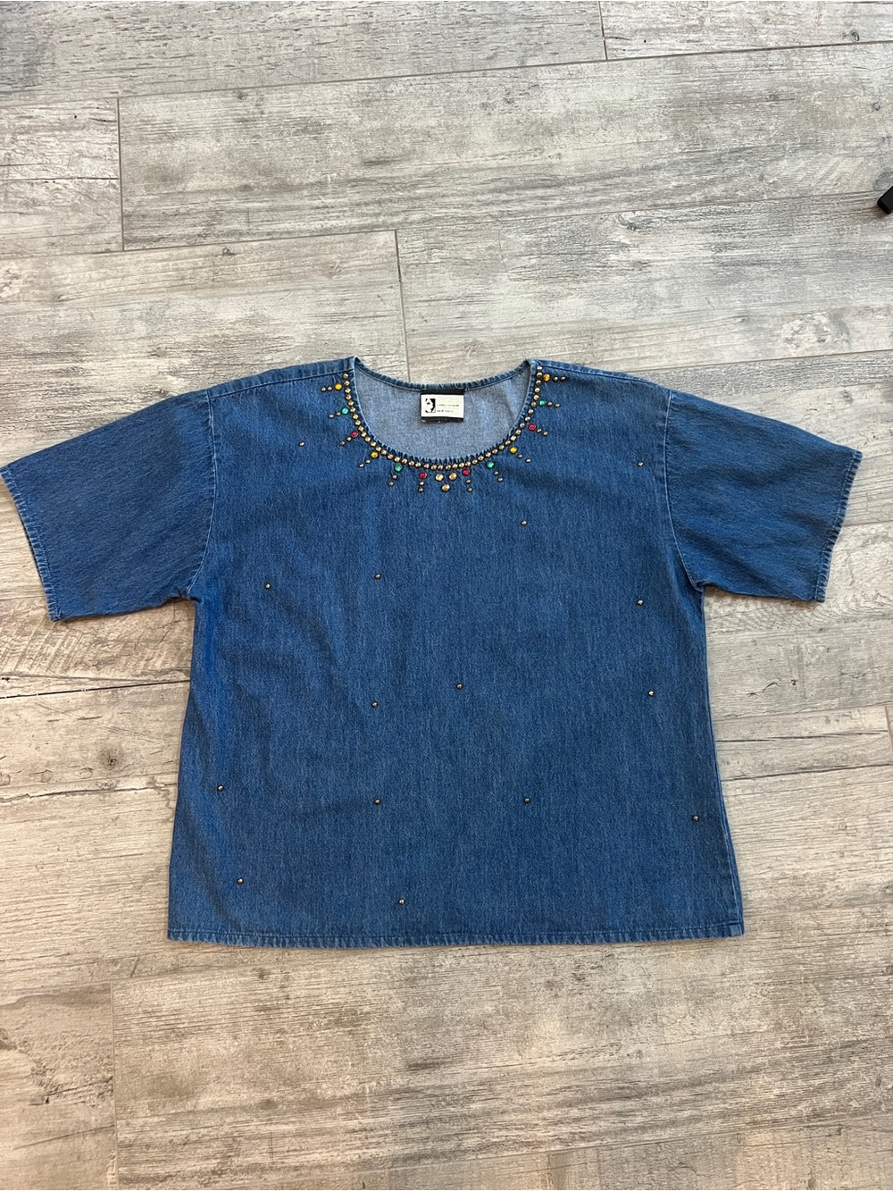 VINTAGE Visage 80’s Denim Short Sleeve Boxy Top w/ Multicolored Beads